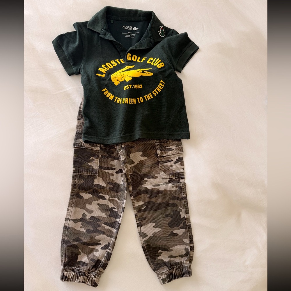 Lacoste Kids Polo Shirt in Dark Green with Yellow Print with camo print pants 🐊